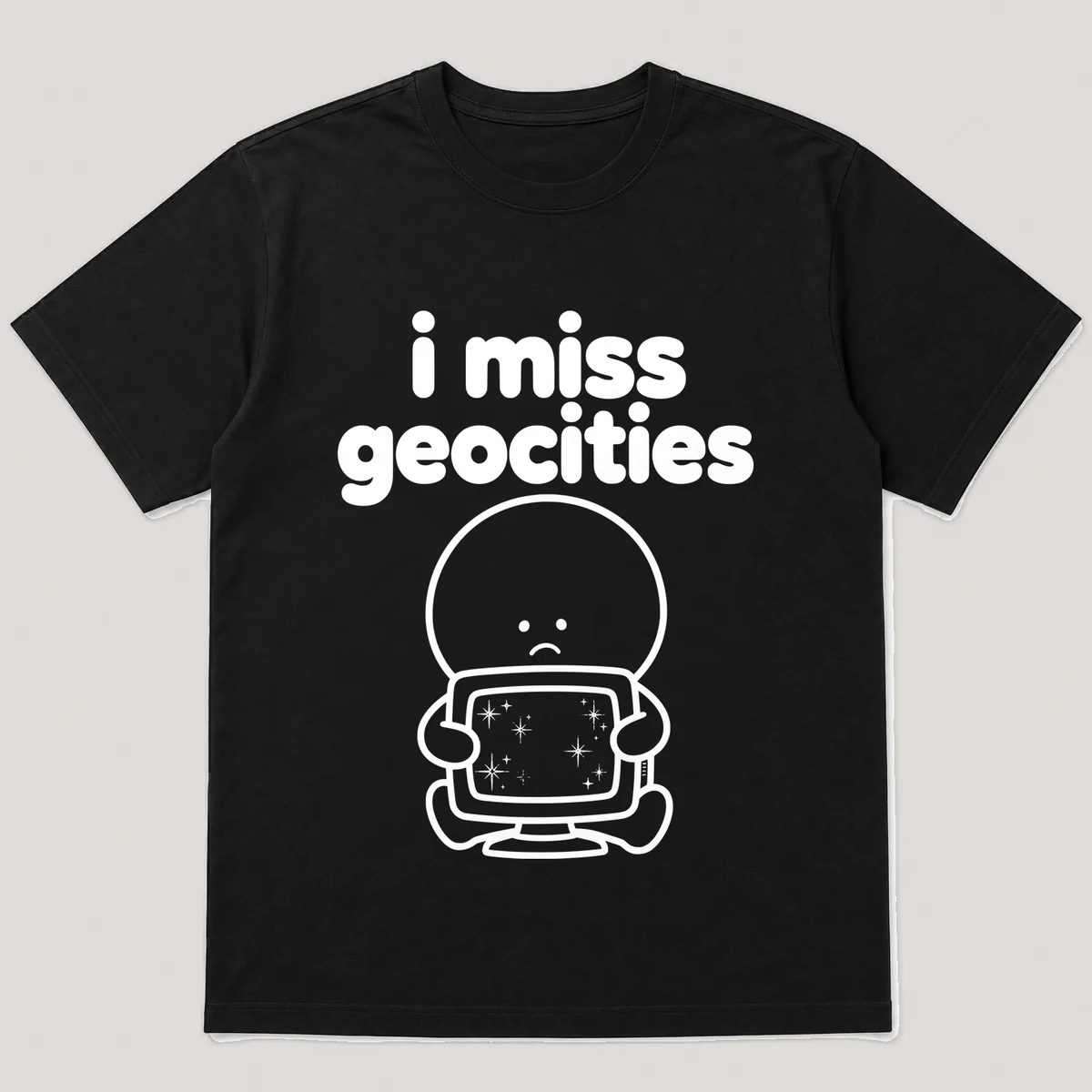 lonely boi tee: a small sad cartoon boy hugging a glittery homemade homepage on a monitor, with the words i miss geocities above him, Black front view