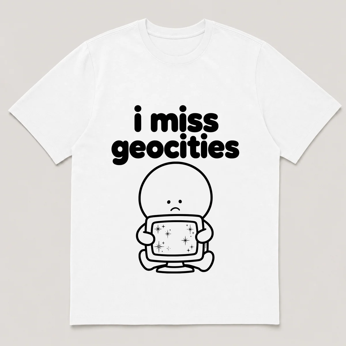 lonely boi tee: a small sad cartoon boy hugging a glittery homemade homepage on a monitor, with the words i miss geocities above him, White front view