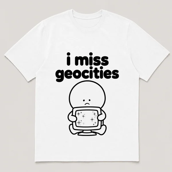 lonely boi tee: a small sad cartoon boy hugging a glittery homemade homepage on a monitor, with the words i miss geocities above him