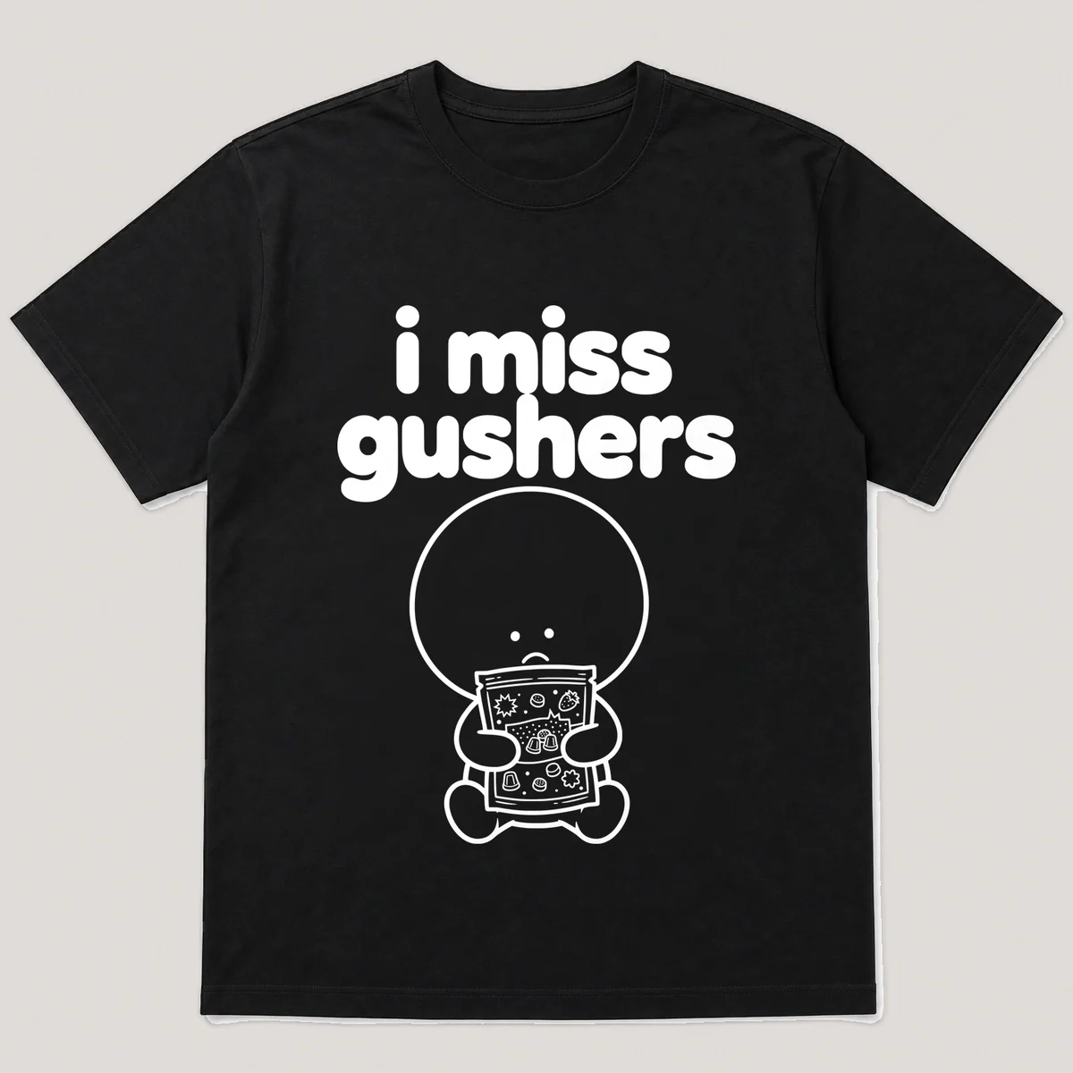 lonely boi tee: a small sad cartoon boy hugging a pouch of juicy fruit gummies, with the words i miss gushers above him, Black front view