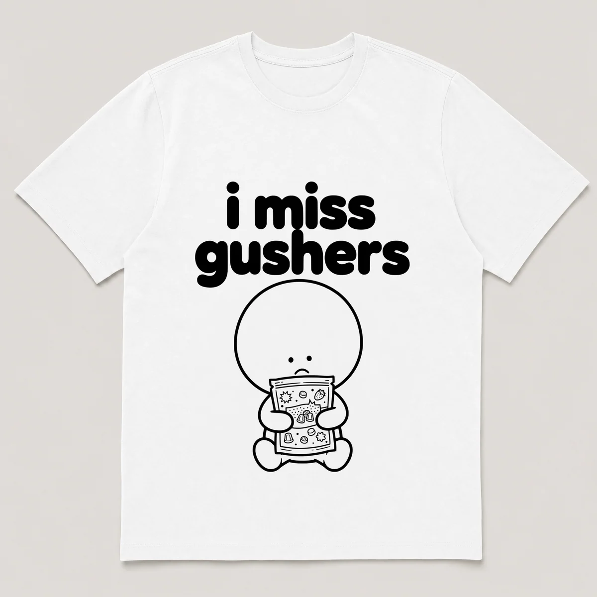 lonely boi tee: a small sad cartoon boy hugging a pouch of juicy fruit gummies, with the words i miss gushers above him, White front view