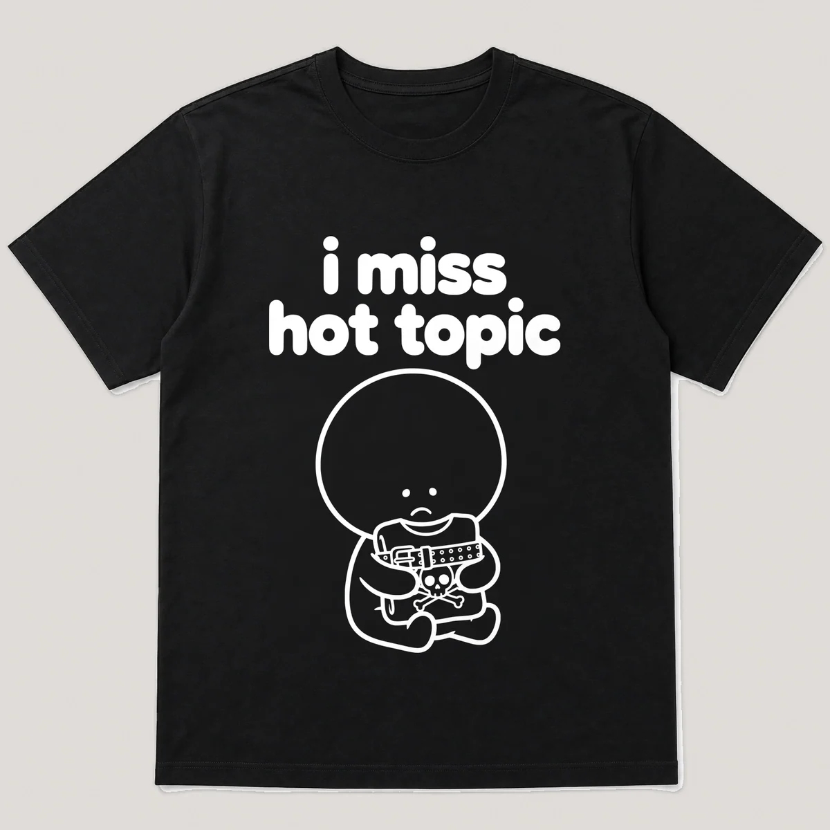 lonely boi tee: a small sad cartoon boy hugging a studded belt and a band tee, with the words i miss hot topic above him, Black front view