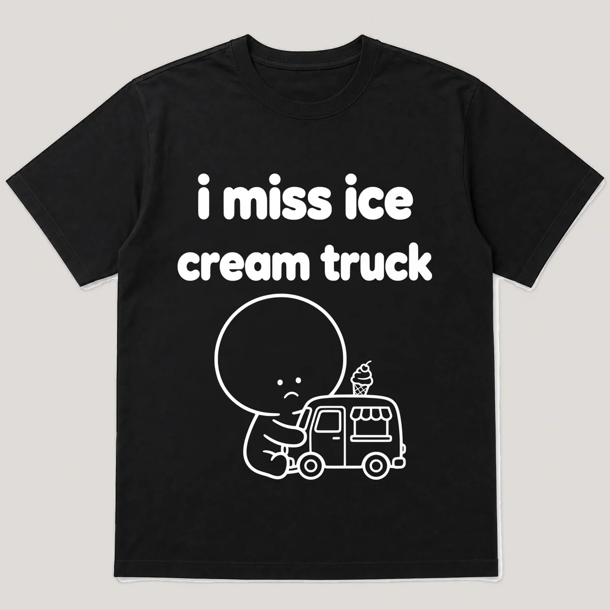 lonely boi tee: a small sad cartoon boy hugging a tiny ice cream truck with a cone, with the words i miss the ice cream truck above him, Black front view