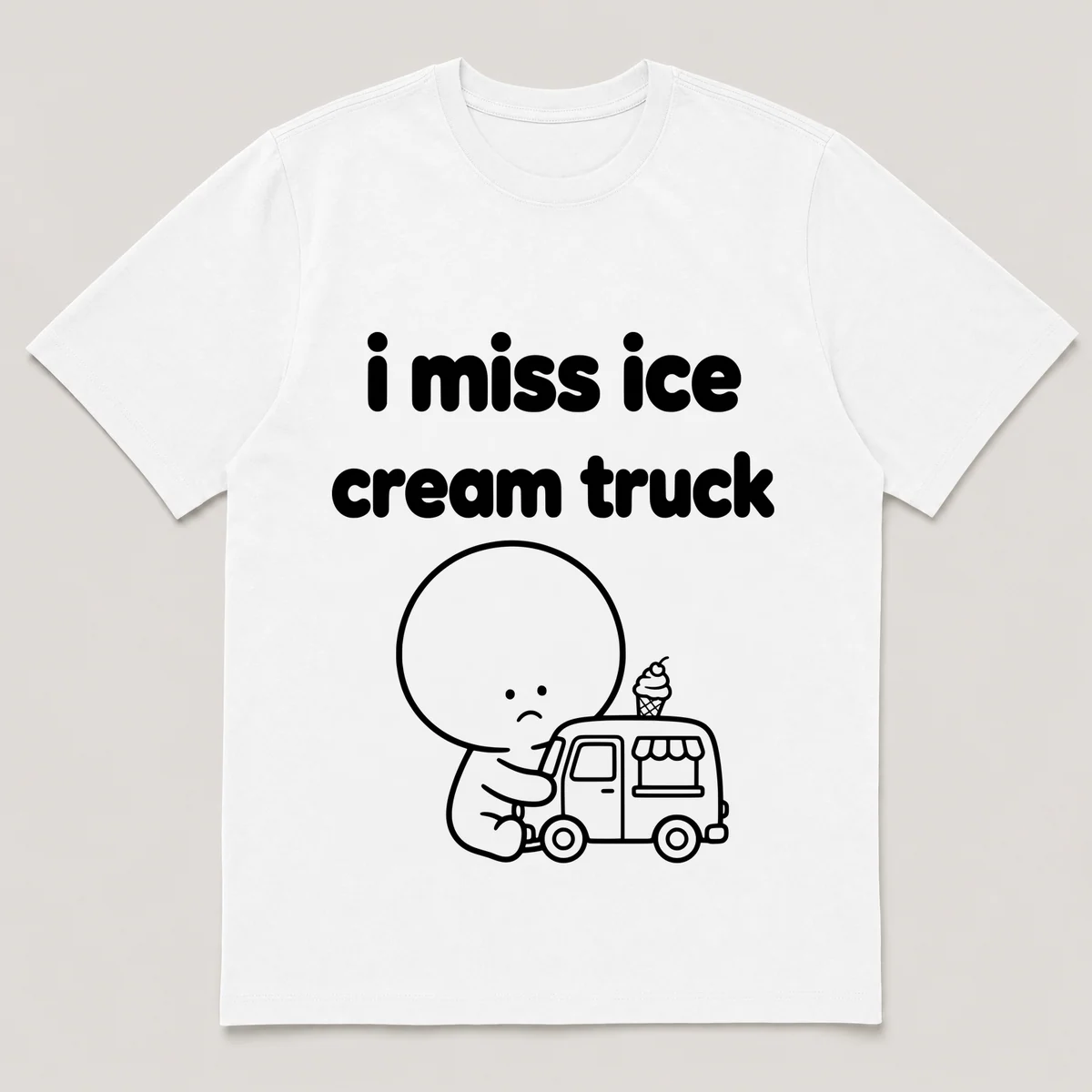 lonely boi tee: a small sad cartoon boy hugging a tiny ice cream truck with a cone, with the words i miss the ice cream truck above him, White front view