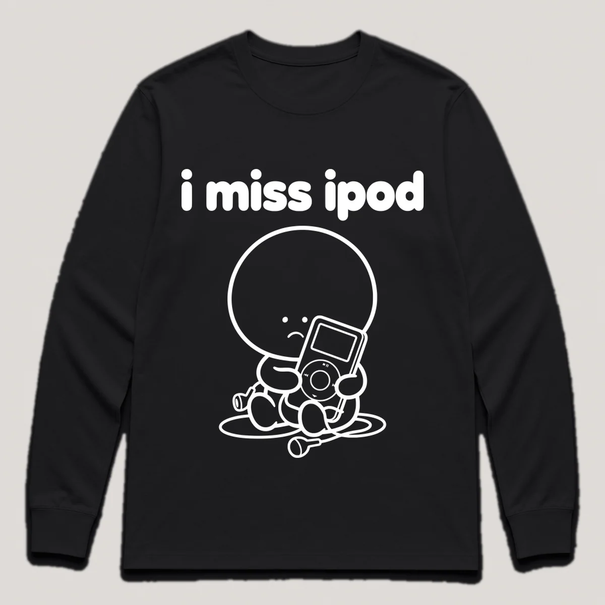 lonely boi tee: a small sad cartoon boy hugging a small white music player with earbuds, with the words i miss ipod above him, Black front view