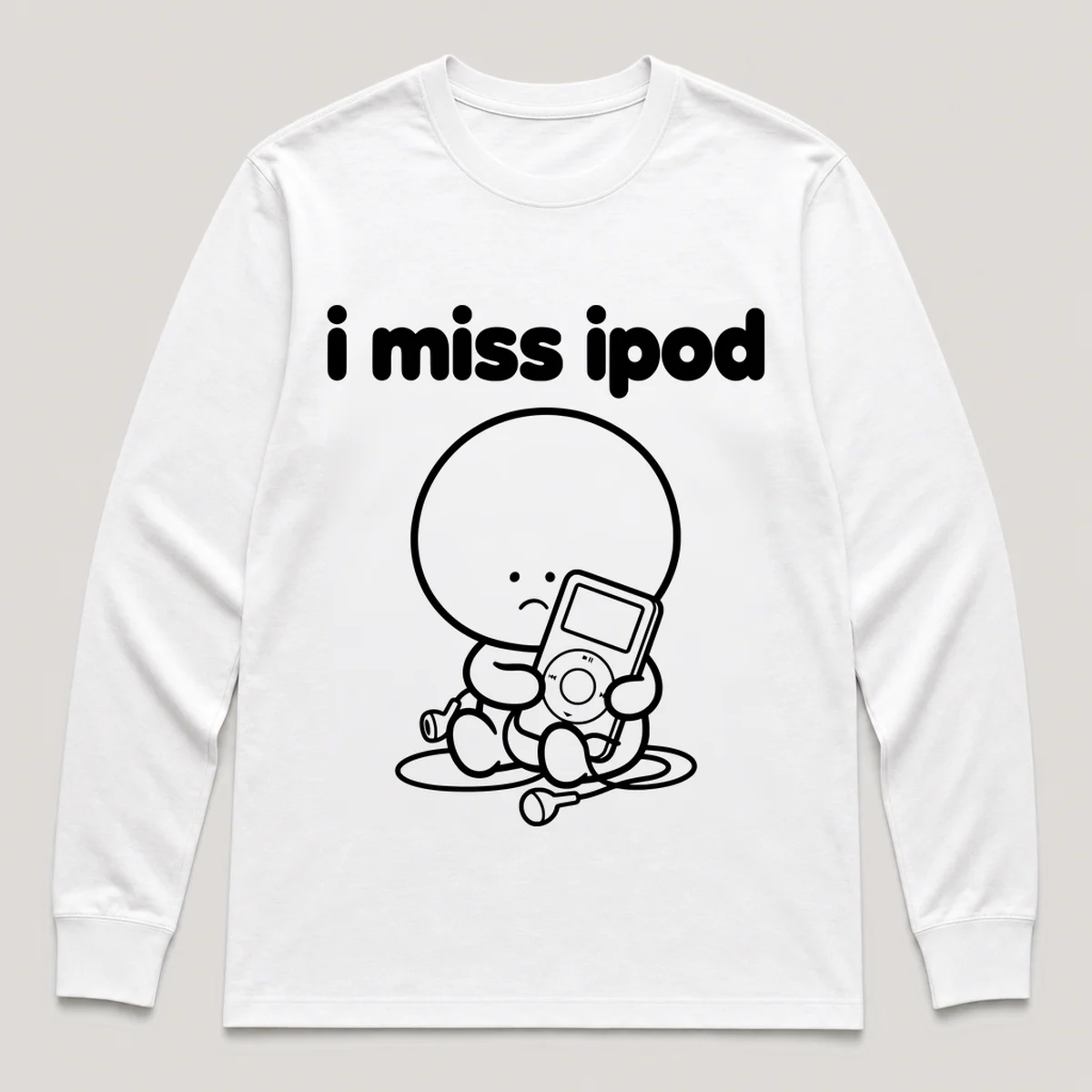 lonely boi tee: a small sad cartoon boy hugging a small white music player with earbuds, with the words i miss ipod above him, White front view