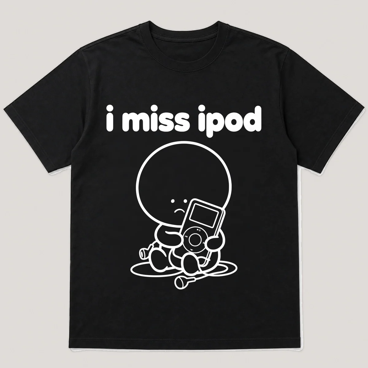lonely boi tee: a small sad cartoon boy hugging a small white music player with earbuds, with the words i miss ipod above him, Black front view