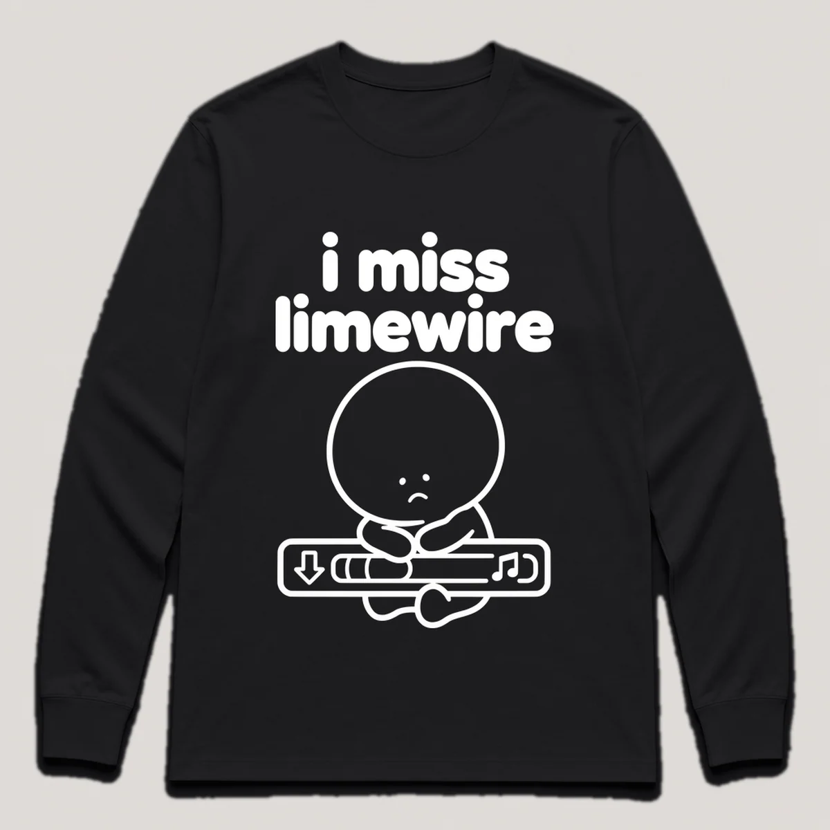lonely boi tee: a small sad cartoon boy hugging a desktop download bar with a music note, with the words i miss limewire above him, Black front view