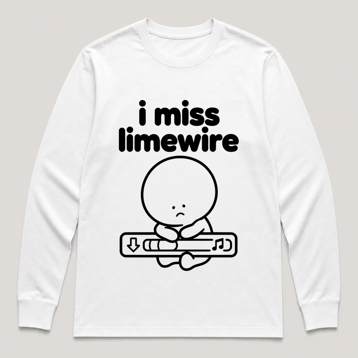 lonely boi tee: a small sad cartoon boy hugging a desktop download bar with a music note, with the words i miss limewire above him, White front view