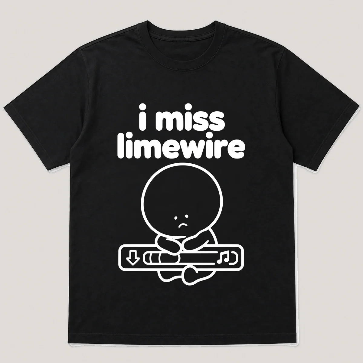 lonely boi tee: a small sad cartoon boy hugging a desktop download bar with a music note, with the words i miss limewire above him, Black front view