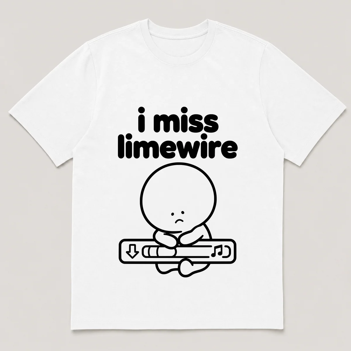 lonely boi tee: a small sad cartoon boy hugging a desktop download bar with a music note, with the words i miss limewire above him, White front view