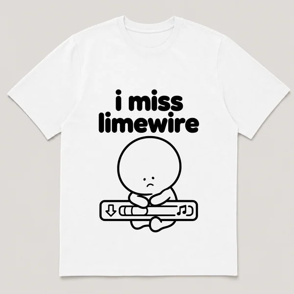 lonely boi tee: a small sad cartoon boy hugging a desktop download bar with a music note, with the words i miss limewire above him