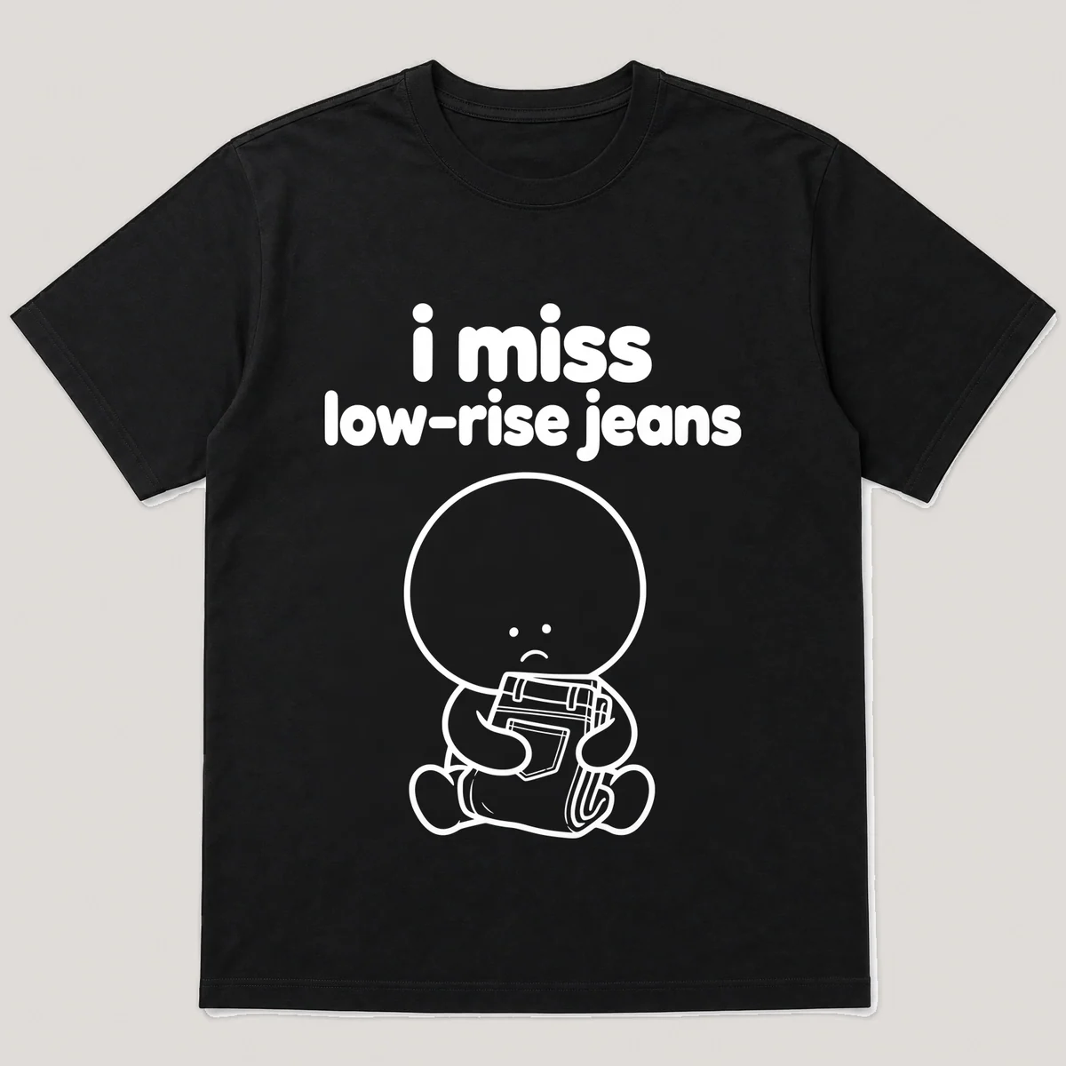 lonely boi tee: a small sad cartoon boy hugging a folded pair of low-rise jeans, with the words i miss low-rise jeans above him, Black front view