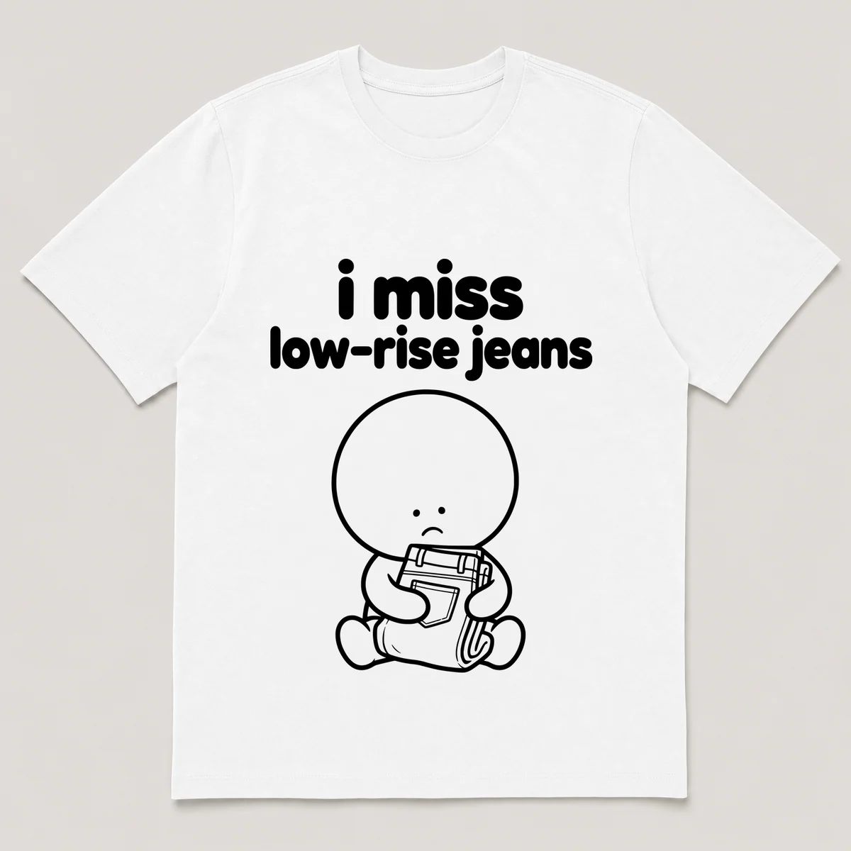 lonely boi tee: a small sad cartoon boy hugging a folded pair of low-rise jeans, with the words i miss low-rise jeans above him, White front view