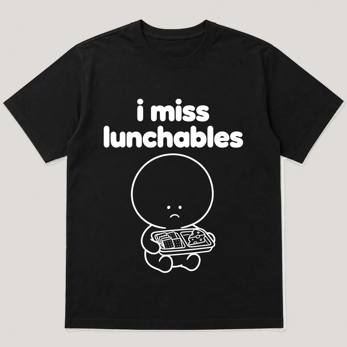 lonely boi tee: a small sad cartoon boy hugging a lunch tray of crackers and cheese, with the words i miss lunchables above him, Black front view