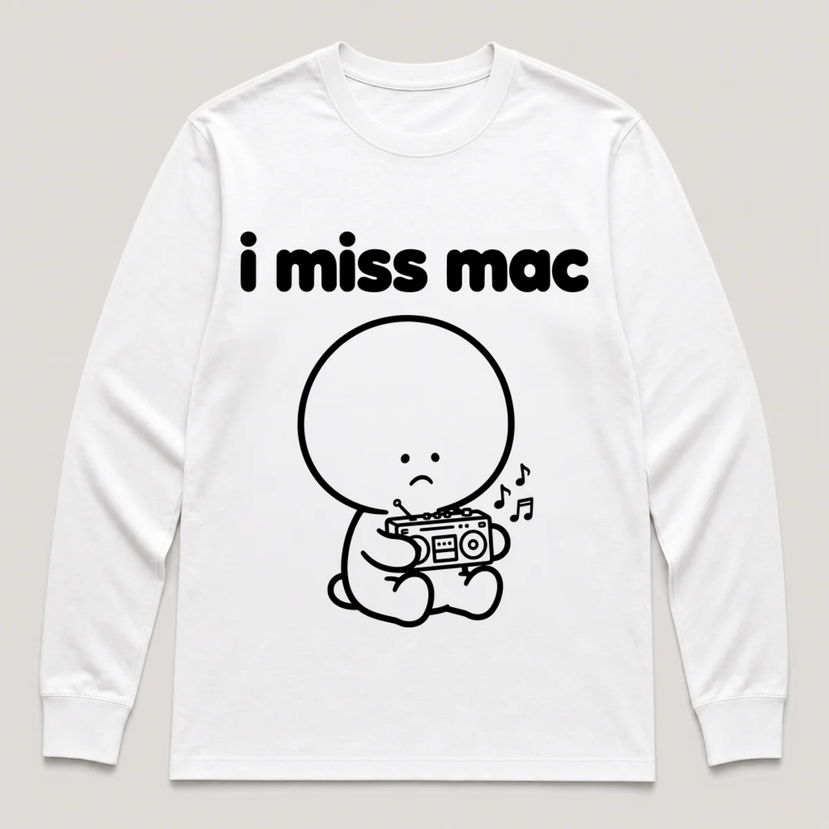lonely boi tee: a small sad cartoon boy hugging a small boombox with music notes, with the words i miss mac above him, White front view
