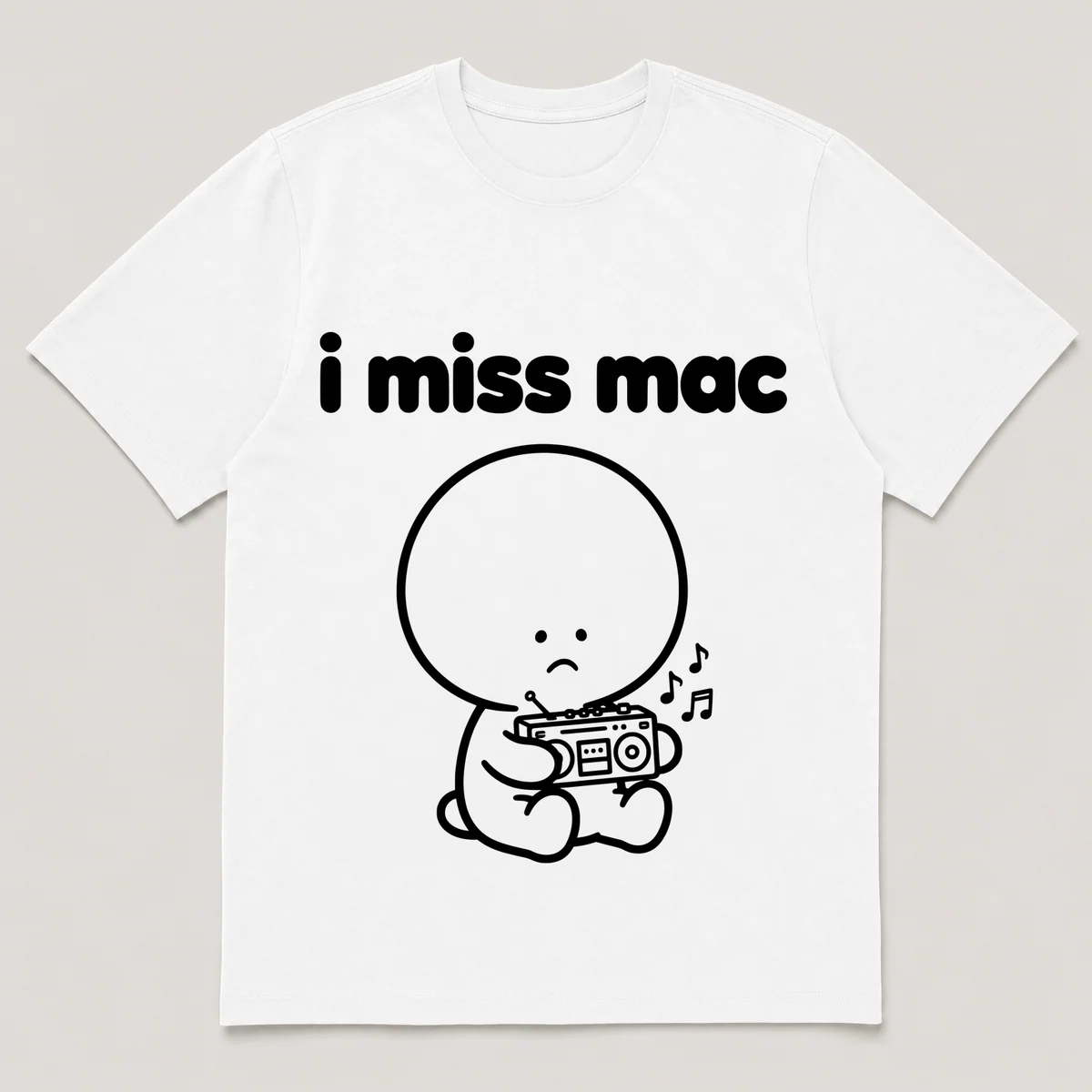 lonely boi tee: a small sad cartoon boy hugging a small boombox with music notes, with the words i miss mac above him, White front view