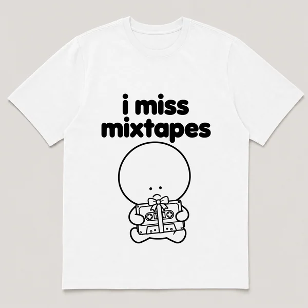 lonely boi tee: a small sad cartoon boy hugging a cassette tape wrapped with a bow, with the words i miss mixtapes above him