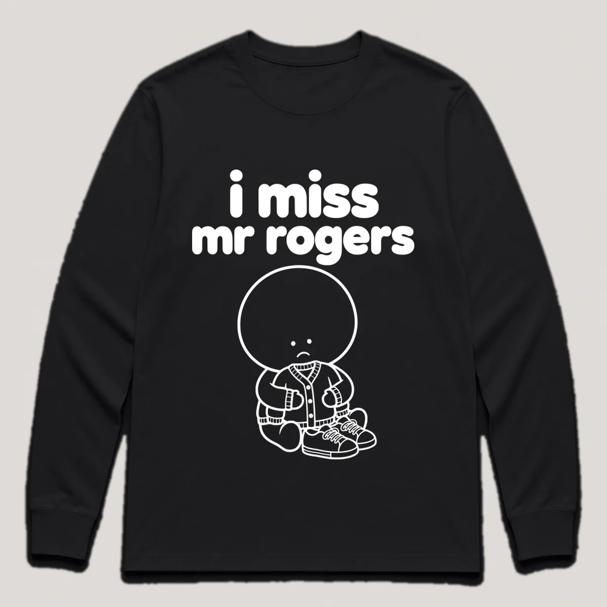 lonely boi tee: a small sad cartoon boy hugging a red cardigan sweater and sneakers, with the words i miss mr rogers above him, Black front view