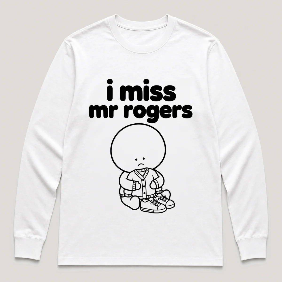 lonely boi tee: a small sad cartoon boy hugging a red cardigan sweater and sneakers, with the words i miss mr rogers above him, White front view
