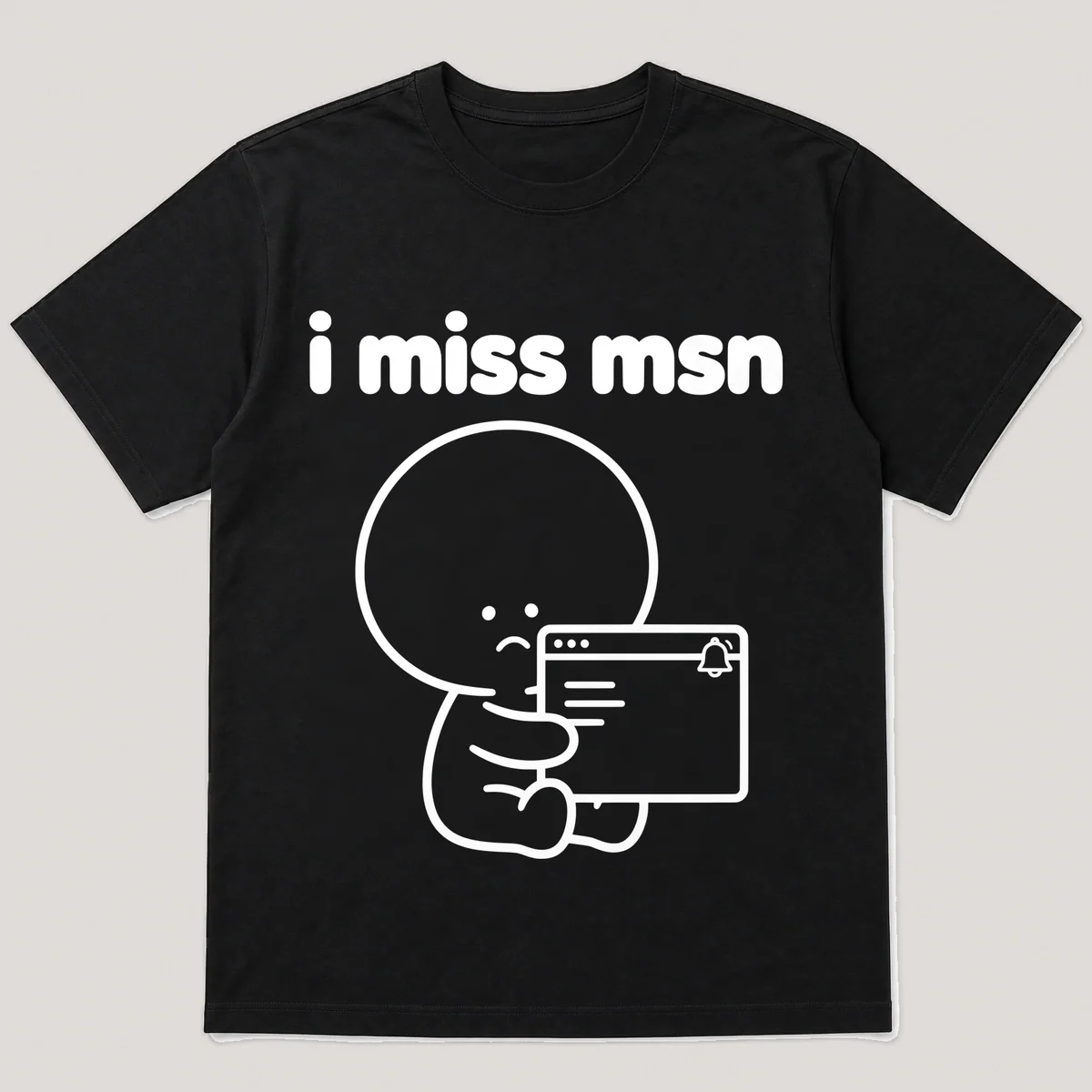 lonely boi tee: a small sad cartoon boy hugging a desktop chat window with a bell, with the words i miss msn above him, Black front view