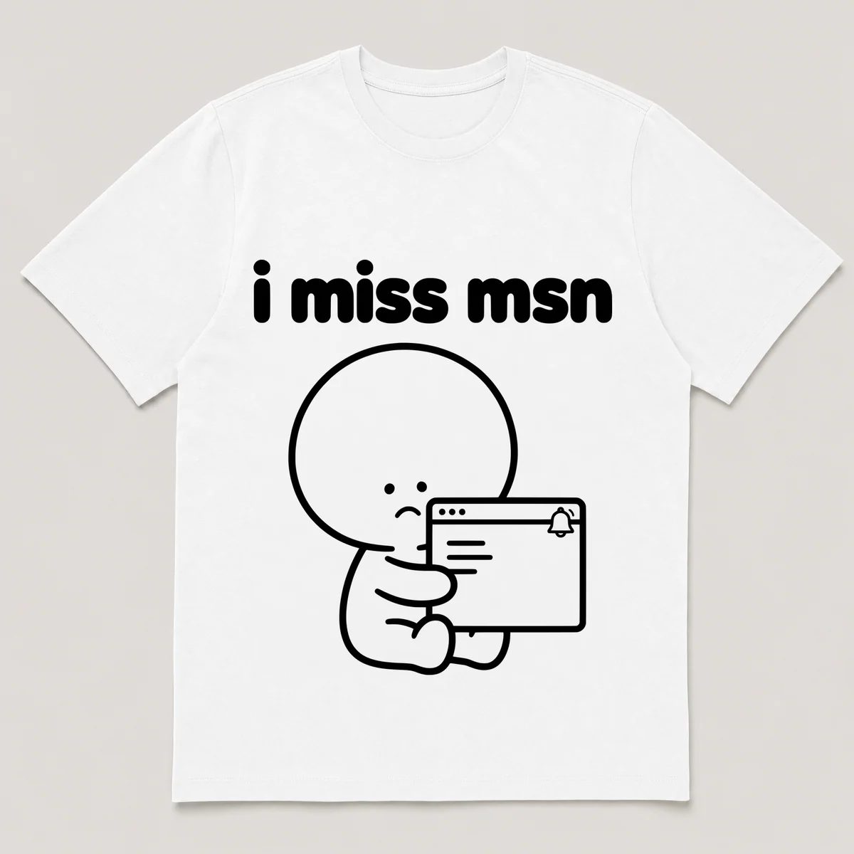 lonely boi tee: a small sad cartoon boy hugging a desktop chat window with a bell, with the words i miss msn above him, White front view