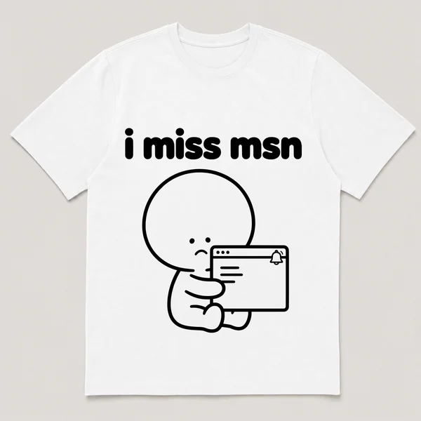 lonely boi tee: a small sad cartoon boy hugging a desktop chat window with a bell, with the words i miss msn above him