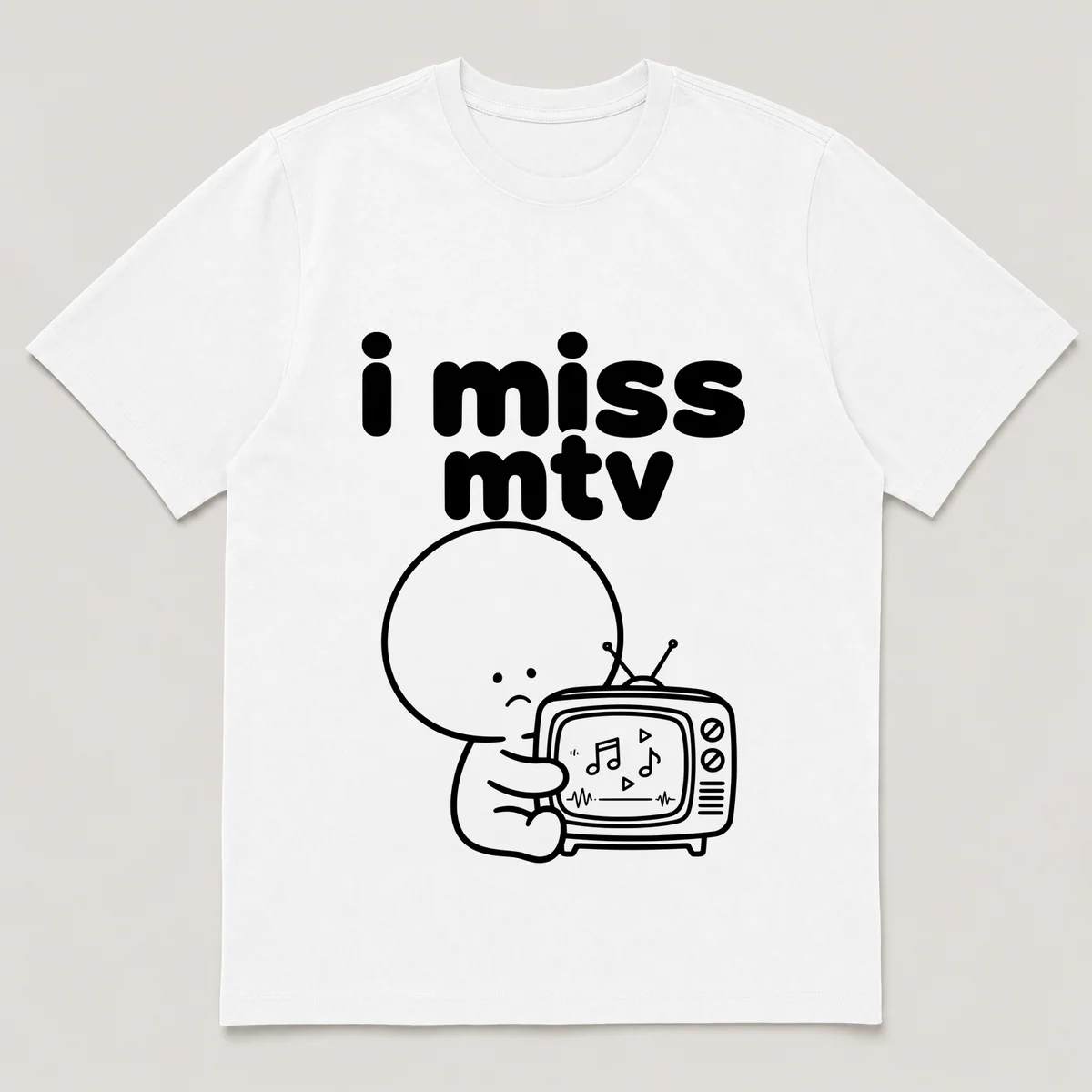 lonely boi tee: a small sad cartoon boy hugging an old tv playing a music video, with the words i miss mtv above him, White front view