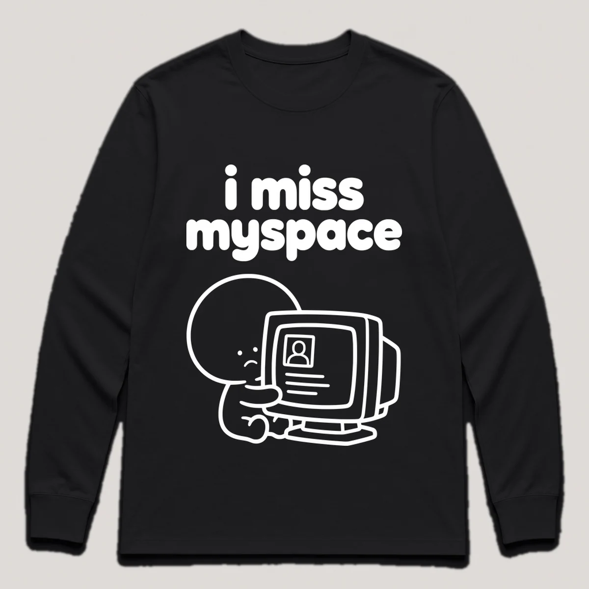 lonely boi tee: a small sad cartoon boy hugging an old profile page on a chunky monitor, with the words i miss myspace above him, Black front view