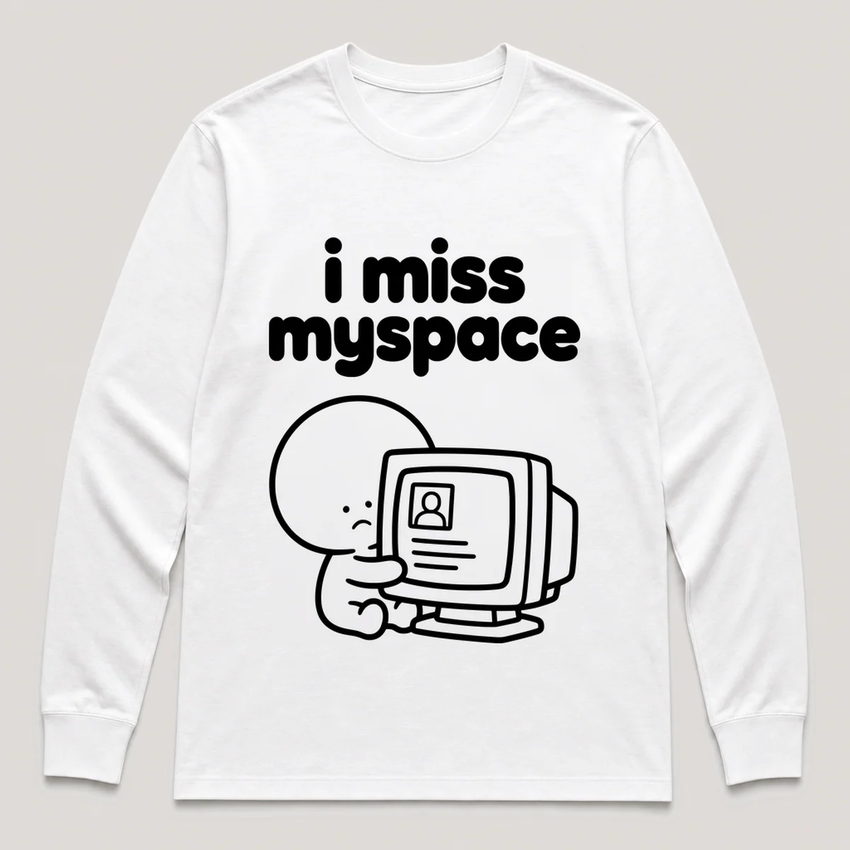 lonely boi tee: a small sad cartoon boy hugging an old profile page on a chunky monitor, with the words i miss myspace above him, White front view