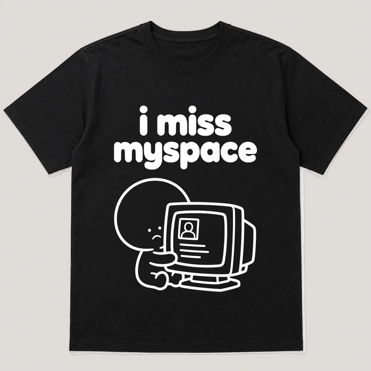 lonely boi tee: a small sad cartoon boy hugging an old profile page on a chunky monitor, with the words i miss myspace above him, Black front view