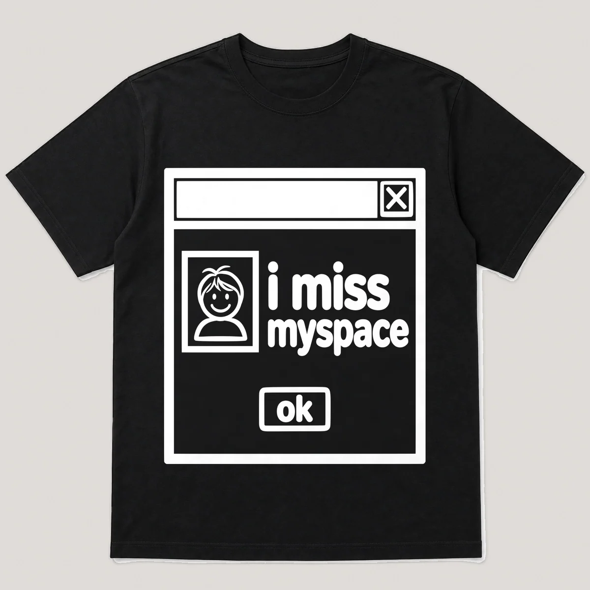 lonely boi tee: a retro computer error dialog window with tiny monitor and the words i miss myspace and an ok button, Black front view