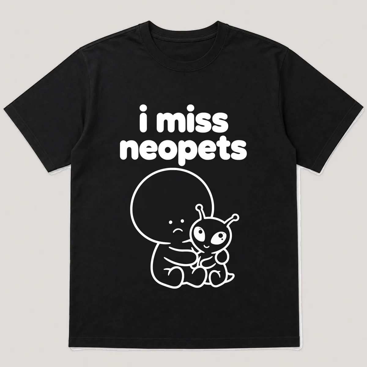 lonely boi tee: a small sad cartoon boy hugging a small wide-eyed alien pet, with the words i miss neopets above him, Black front view