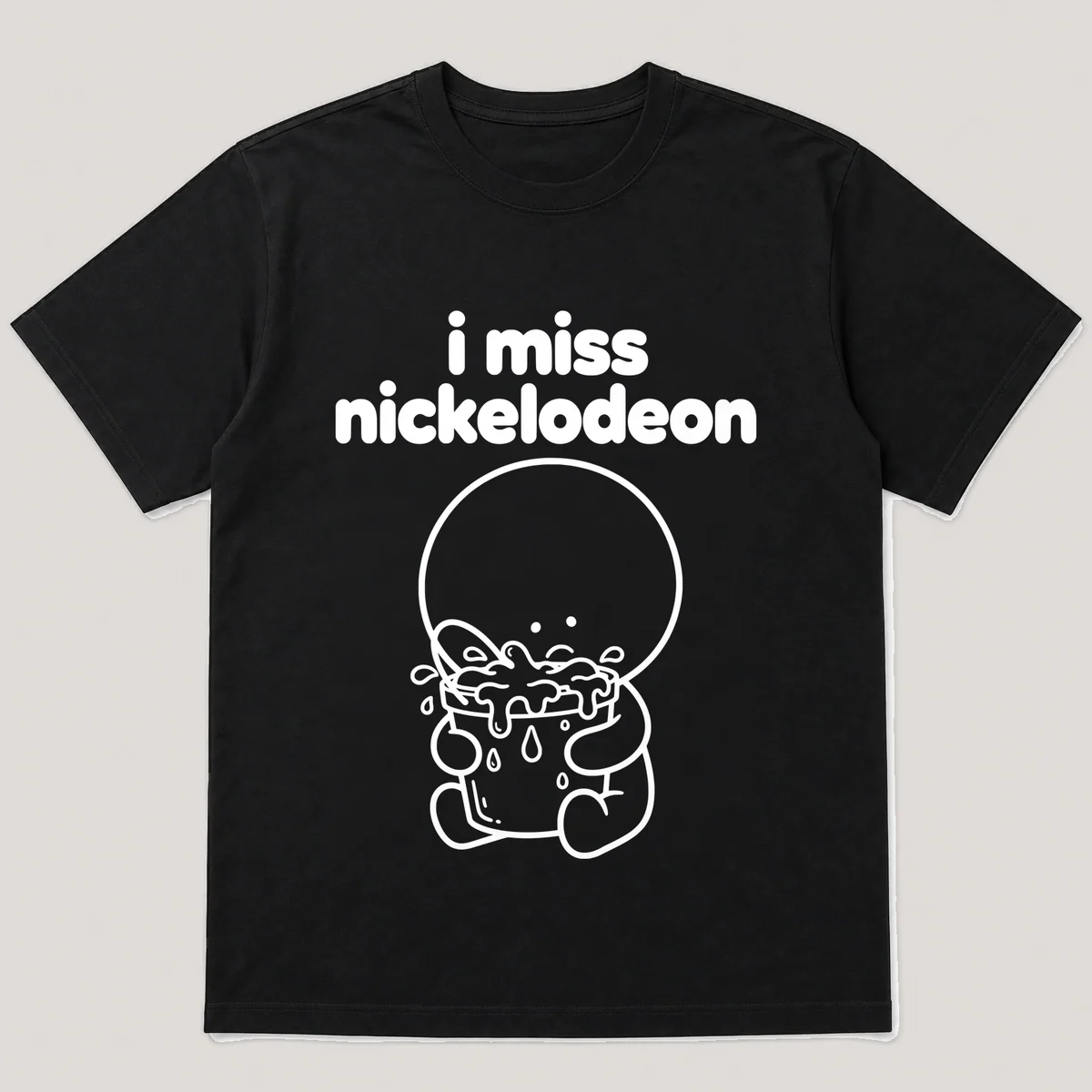 lonely boi tee: a small sad cartoon boy hugging a bucket of green slime, with the words i miss nickelodeon above him, Black front view
