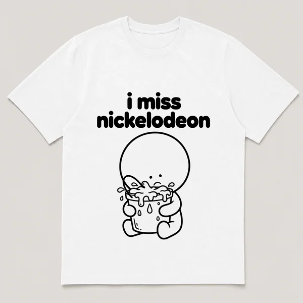 lonely boi tee: a small sad cartoon boy hugging a bucket of green slime, with the words i miss nickelodeon above him