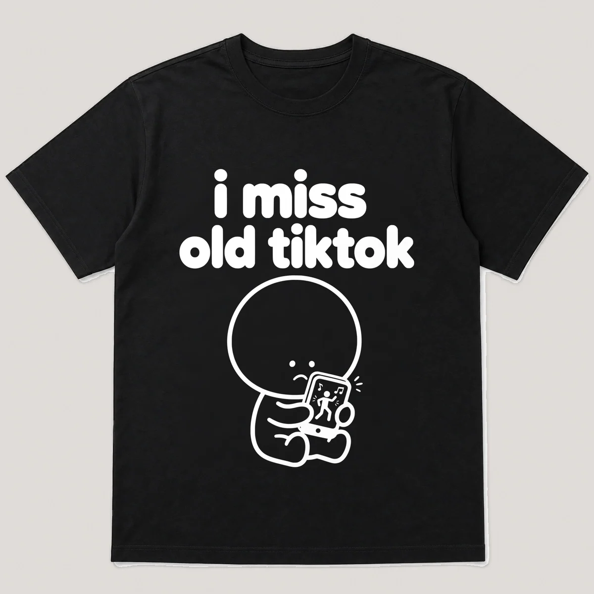 lonely boi tee: a small sad cartoon boy hugging a small phone playing a silly dance, with the words i miss old tiktok above him, Black front view