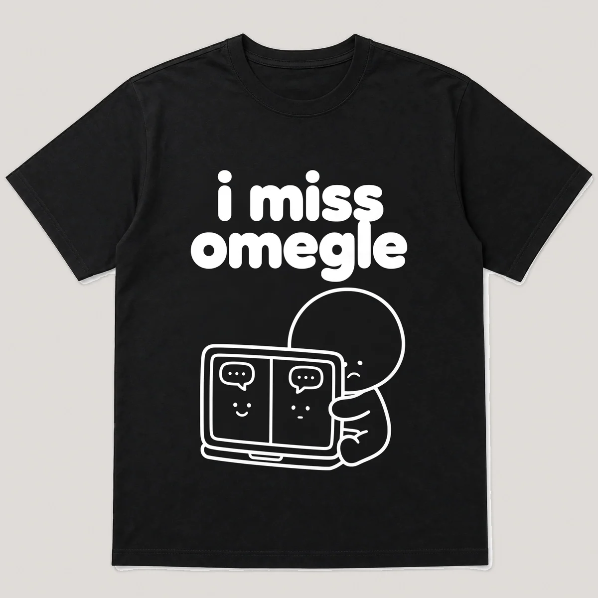 lonely boi tee: a small sad cartoon boy hugging a glowing laptop with two small faces, with the words i miss omegle above him, Black front view