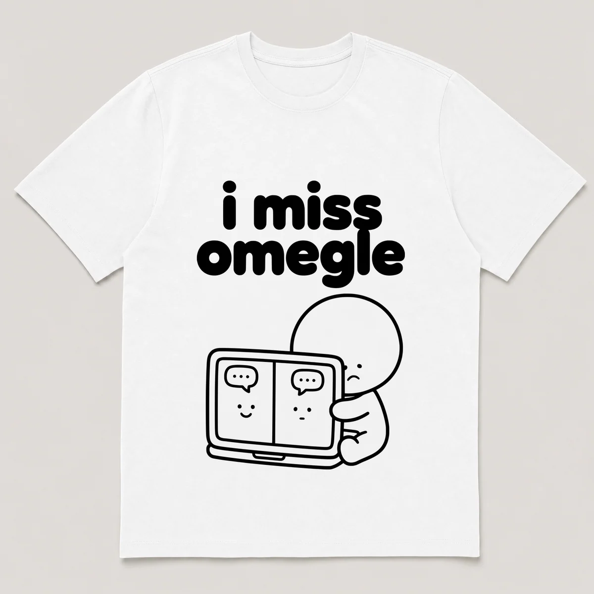 lonely boi tee: a small sad cartoon boy hugging a glowing laptop with two small faces, with the words i miss omegle above him, White front view