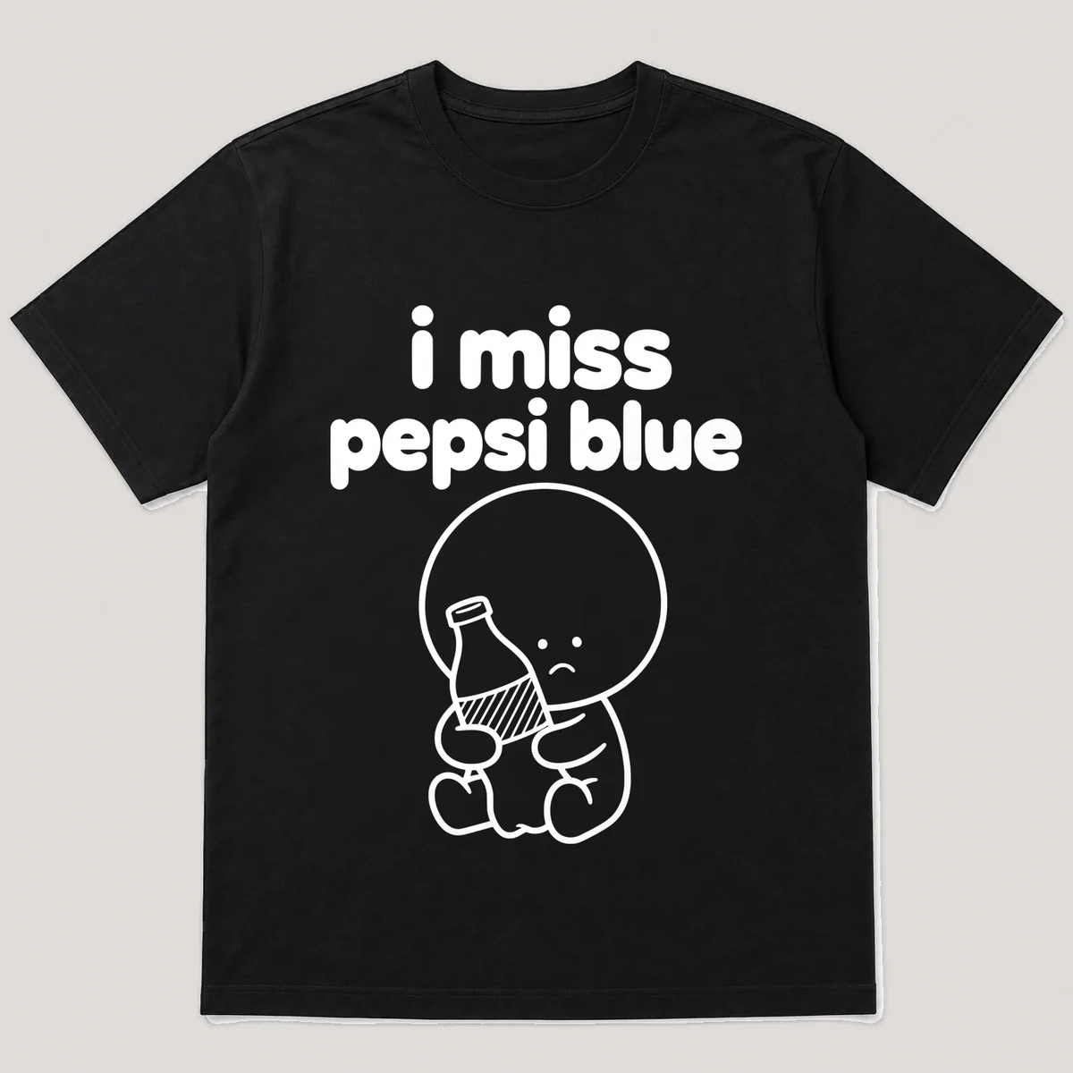 lonely boi tee: a small sad cartoon boy hugging a bright blue bottle of soda, with the words i miss pepsi blue above him, Black front view
