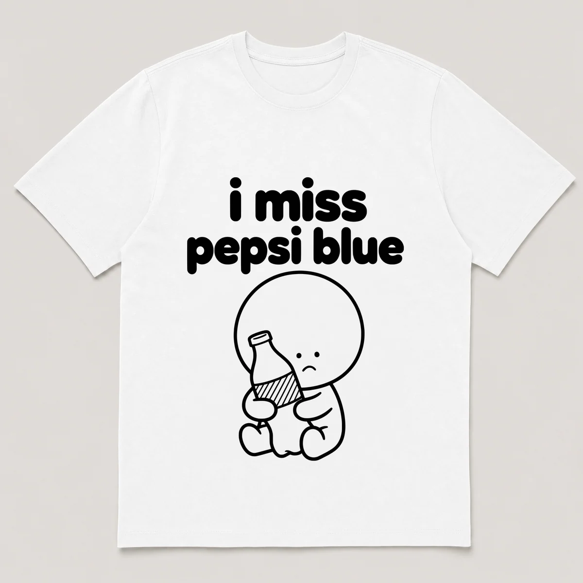lonely boi tee: a small sad cartoon boy hugging a bright blue bottle of soda, with the words i miss pepsi blue above him, White front view
