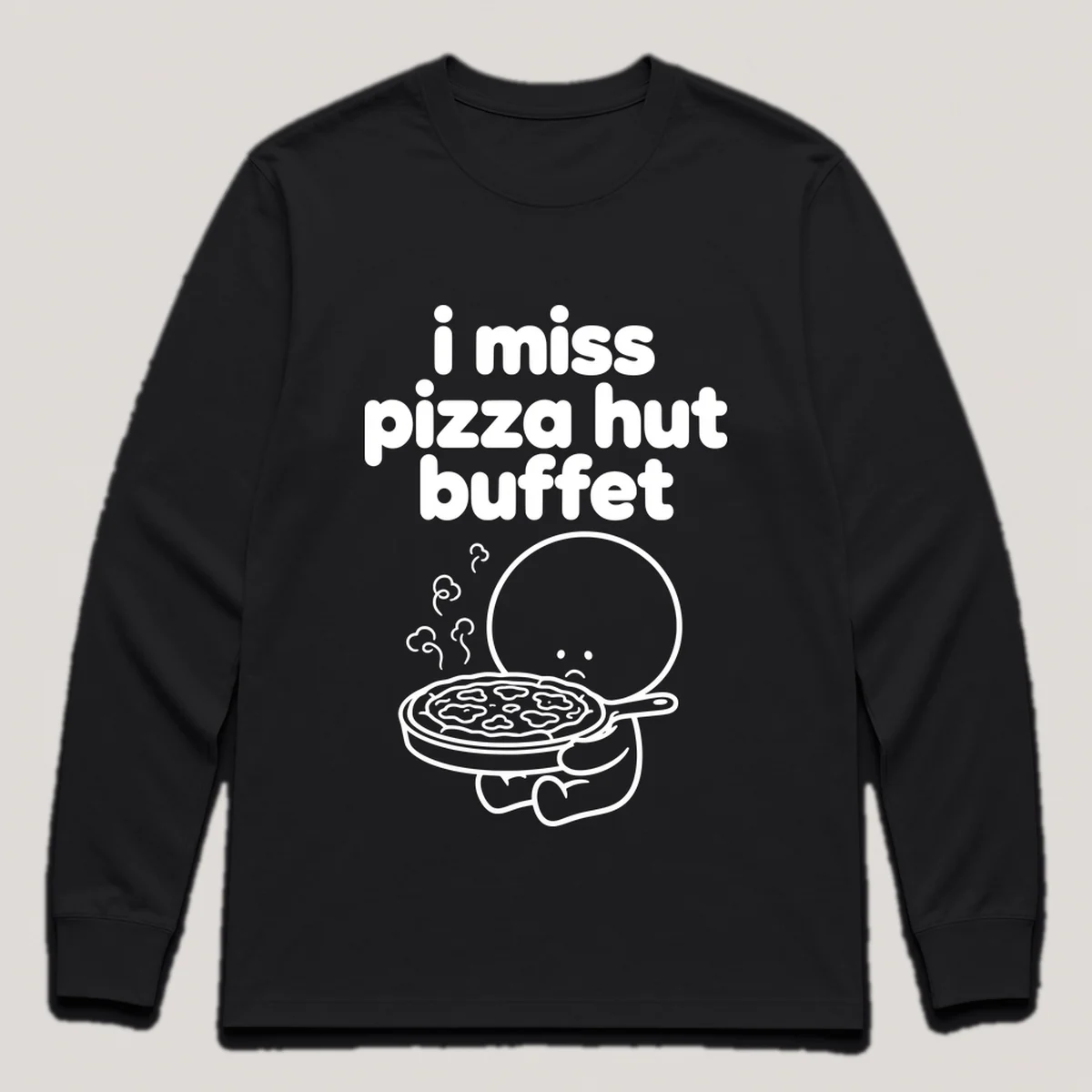 lonely boi tee: a small sad cartoon boy hugging a steaming pan of cheesy pizza, with the words i miss pizza hut buffet above him, Black front view