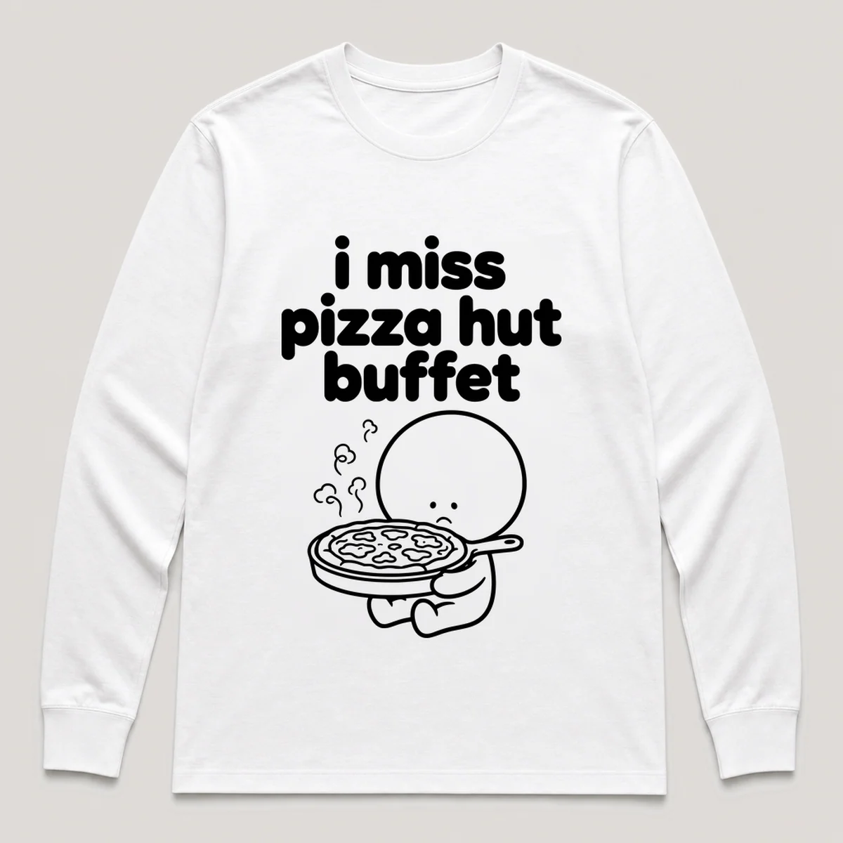 lonely boi tee: a small sad cartoon boy hugging a steaming pan of cheesy pizza, with the words i miss pizza hut buffet above him, White front view