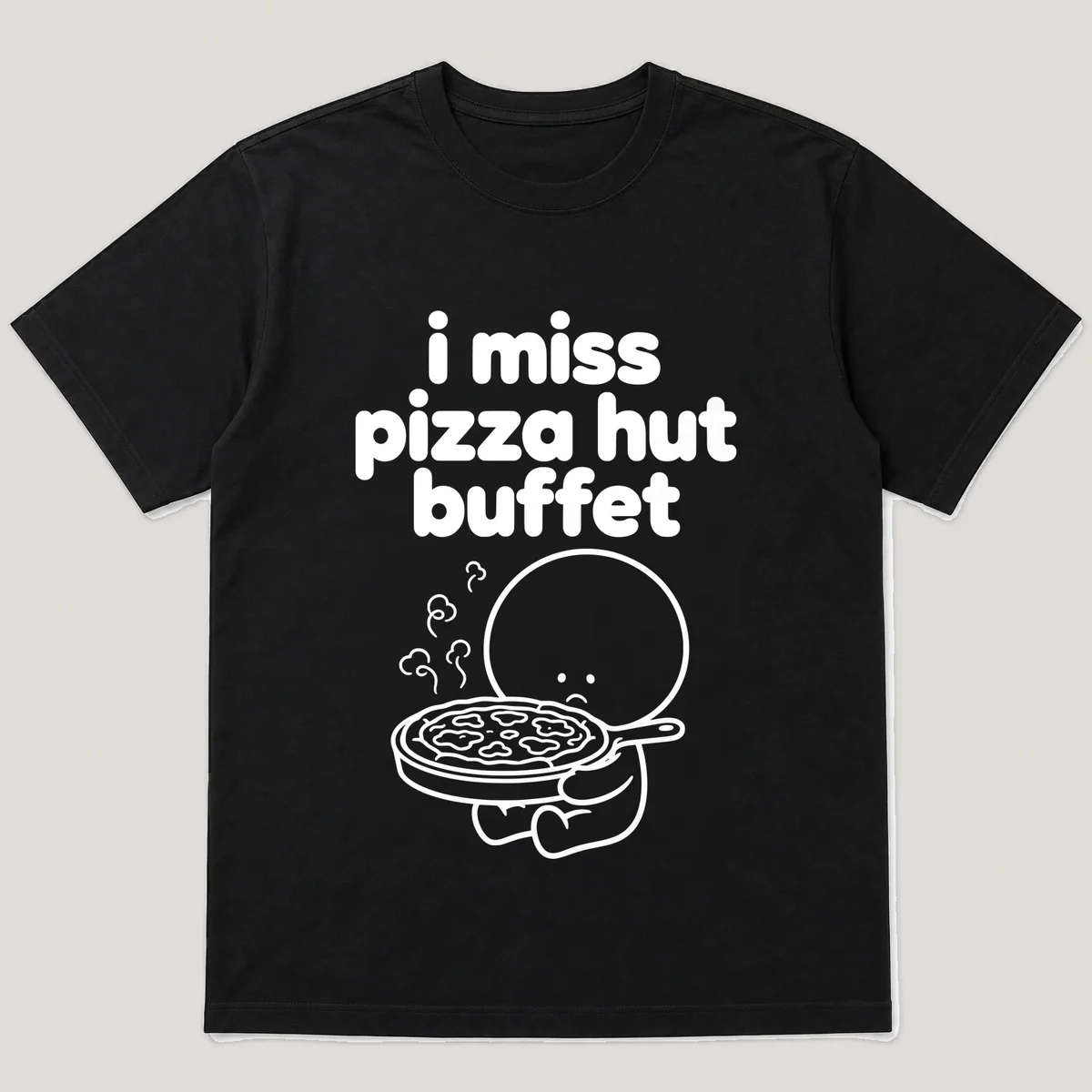 lonely boi tee: a small sad cartoon boy hugging a steaming pan of cheesy pizza, with the words i miss pizza hut buffet above him, Black front view