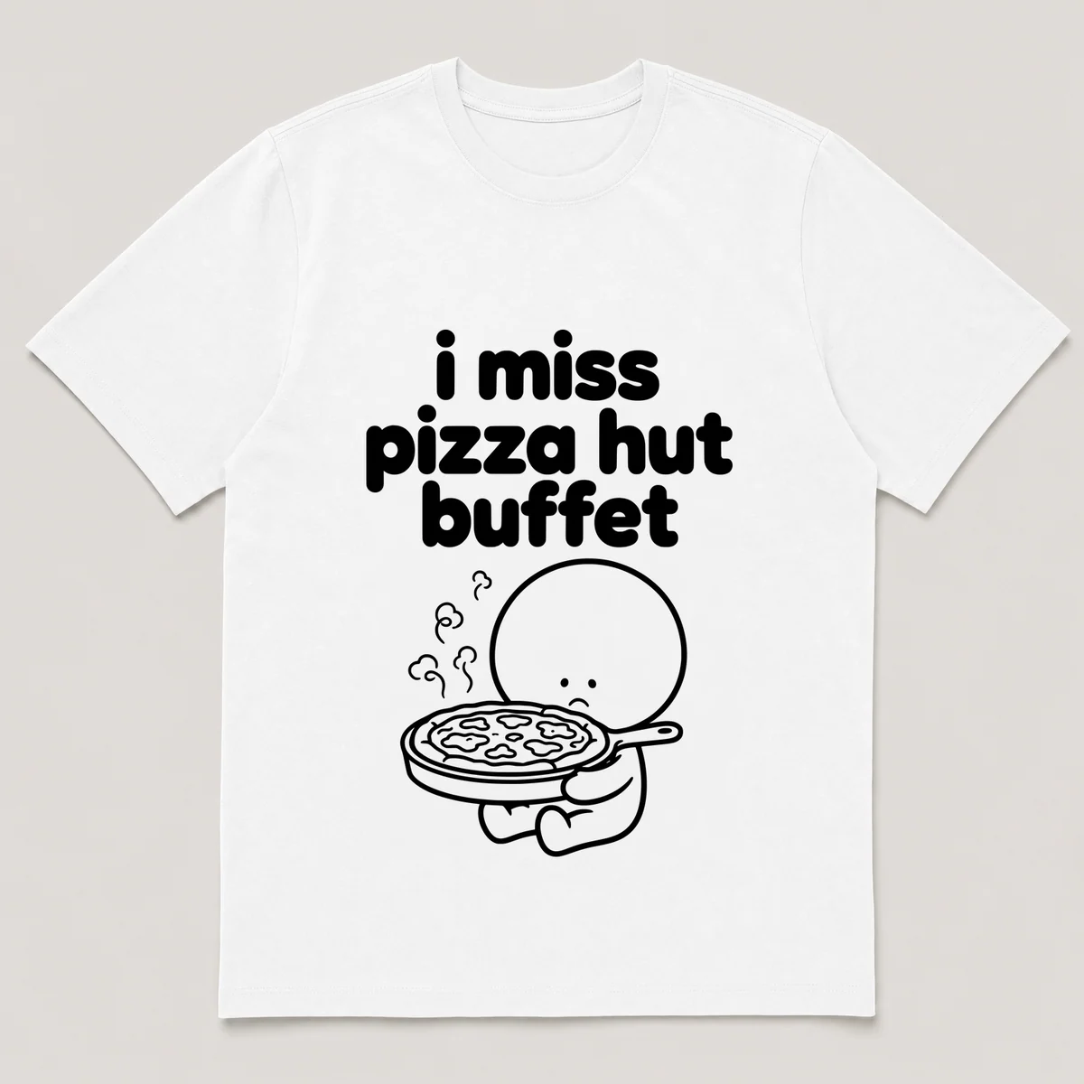 lonely boi tee: a small sad cartoon boy hugging a steaming pan of cheesy pizza, with the words i miss pizza hut buffet above him, White front view