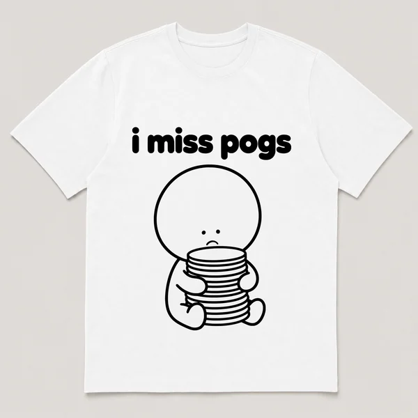lonely boi tee: a small sad cartoon boy hugging a tall stack of round cardboard discs, with the words i miss pogs above him