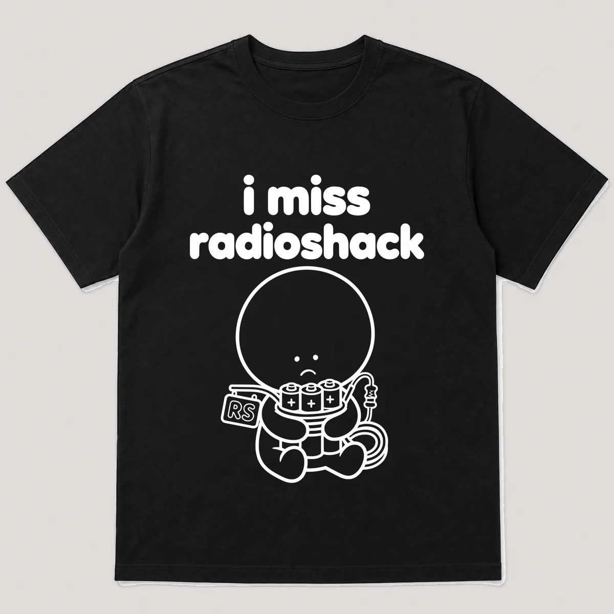 lonely boi tee: a small sad cartoon boy hugging a tangle of batteries and cables, with the words i miss radioshack above him, Black front view