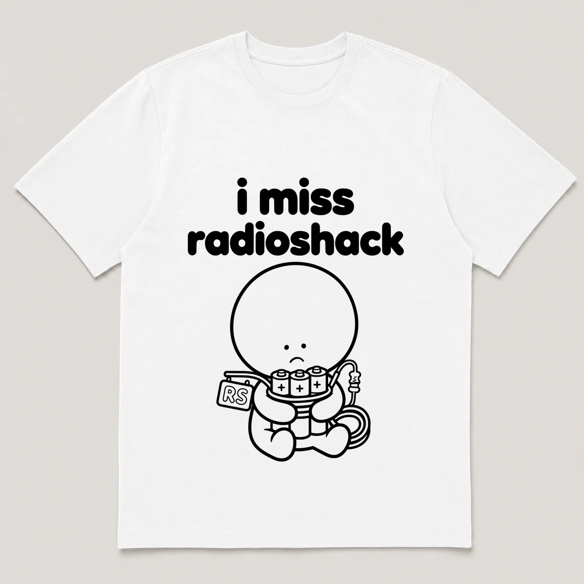 lonely boi tee: a small sad cartoon boy hugging a tangle of batteries and cables, with the words i miss radioshack above him, White front view