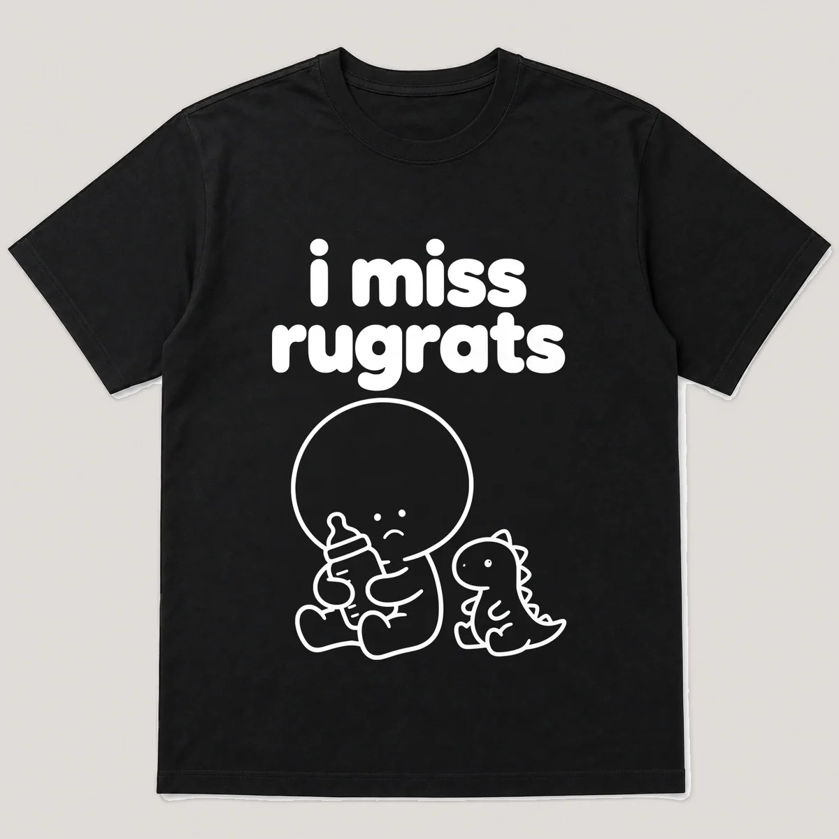 lonely boi tee: a small sad cartoon boy hugging a baby bottle next to a toy dinosaur, with the words i miss rugrats above him, Black front view