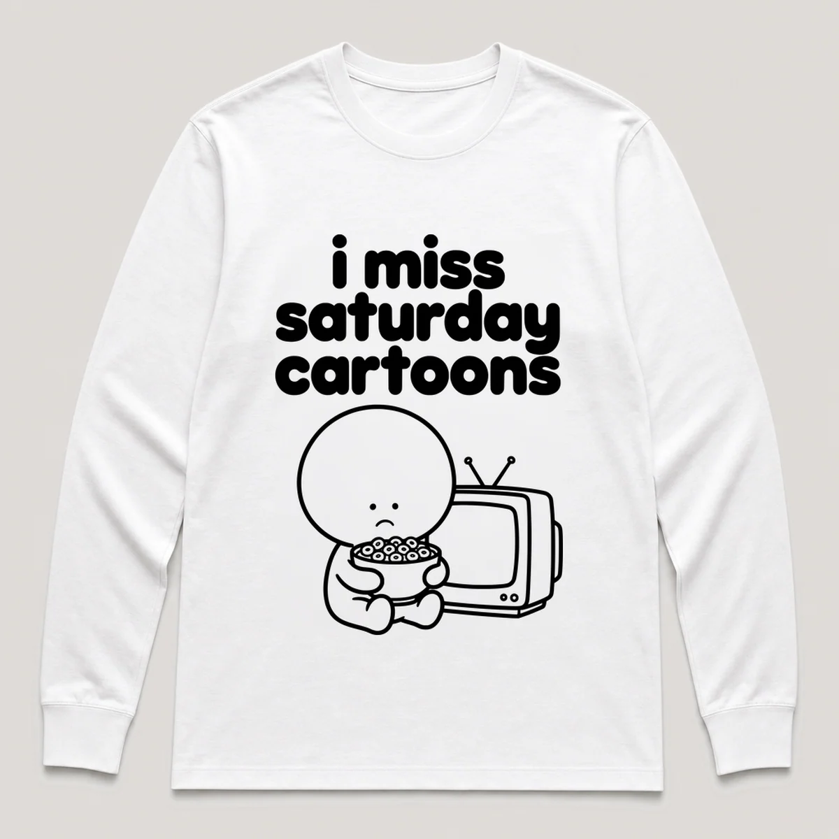 lonely boi tee: a small sad cartoon boy hugging a bowl of cereal in front of a small old crt tv, with the words i miss saturday cartoons above him, White front view