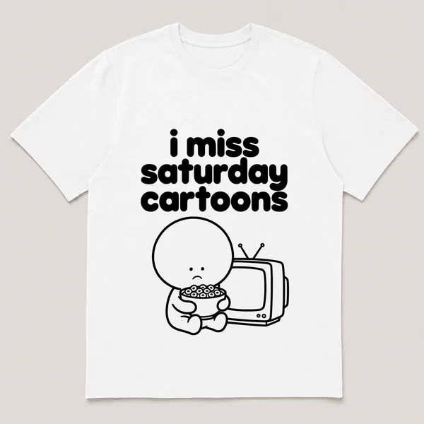 lonely boi tee: a small sad cartoon boy hugging a bowl of cereal in front of a small old crt tv, with the words i miss saturday cartoons above him